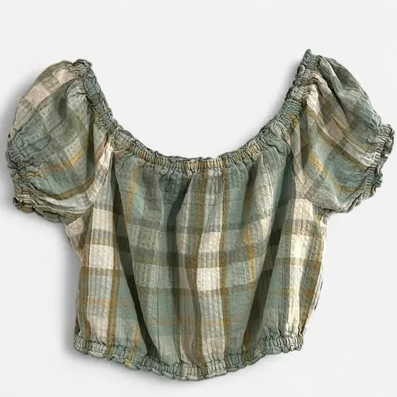 American Eagle Outfitters Green Plaid Cropped Off the Shoulder Top - Picture 9 of 9
